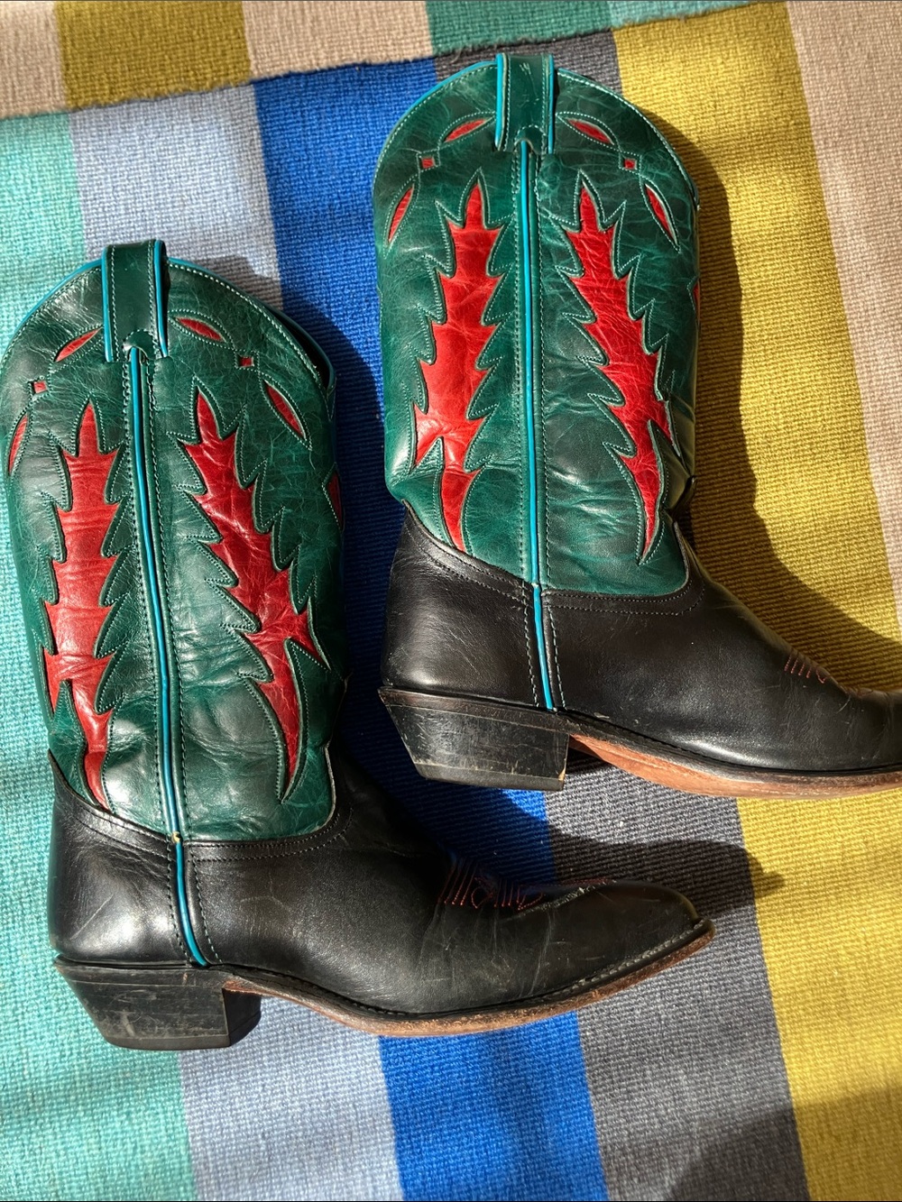 Vintage 70s Women’s Tri-Color Leather Heeled Boots - Black, Green & Red